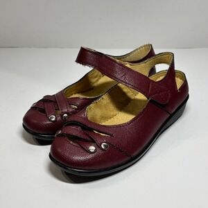 Womens Burgundy Leather Mary Jane Shoes Low Wedge Studded Strappy Flats Size 6